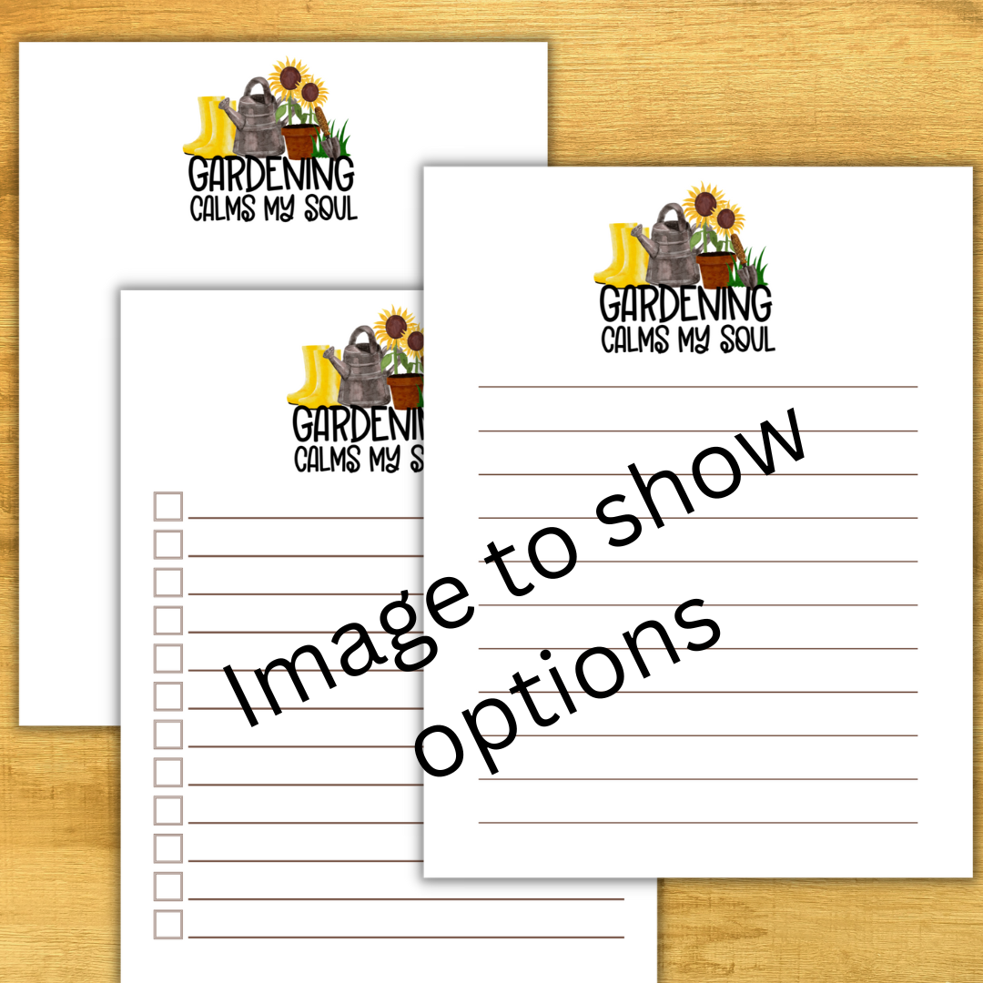 image of three notepads on wooden background. words Gardening calms my soul with an image of boots, watering can, potted sunflower, and digger is above the words.