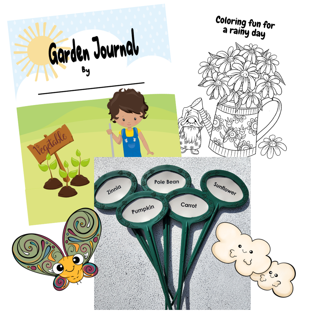 Kids gardening Package. 5 plant markers, garden journal front page , stickers, and coloring page