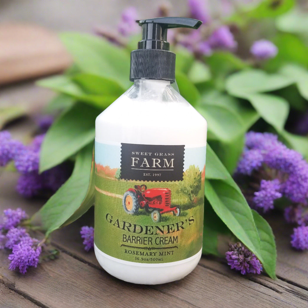 16.9 oz Gardener's Barrier Cream. Shown with plant background. 