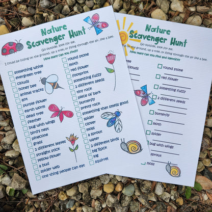 Photo features 2 8.5x11 printouts of Nature Scavenger Hunt.  40 items to find or 20 items to find and identify. 