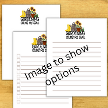 Load image into Gallery viewer, image of three notepads on wooden background. words Gardening calms my soul with an image of boots, watering can, potted sunflower, and digger is above the words.
