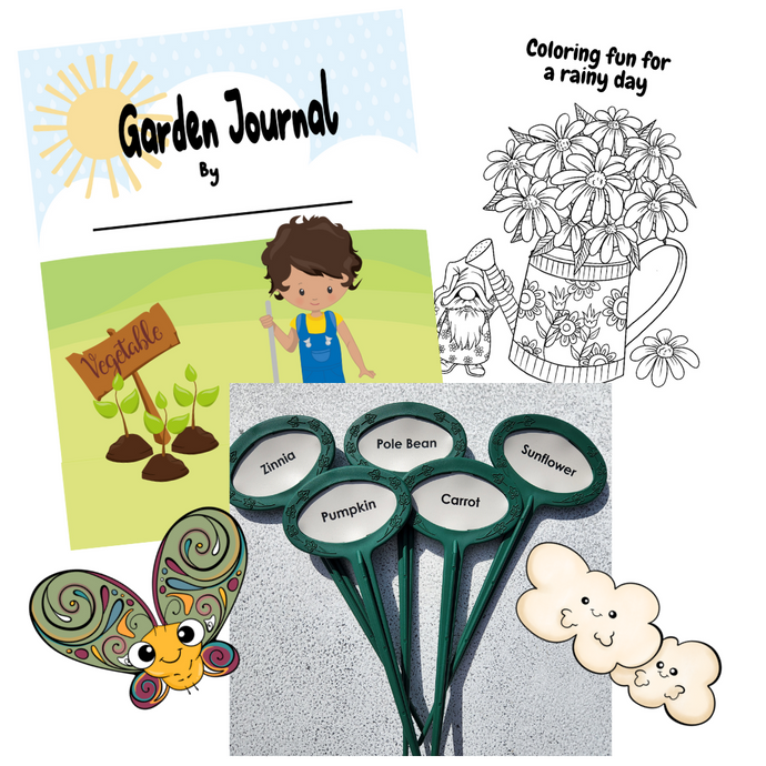 Kids gardening Package.  5 plant markers, garden journal front page , stickers, and coloring page
